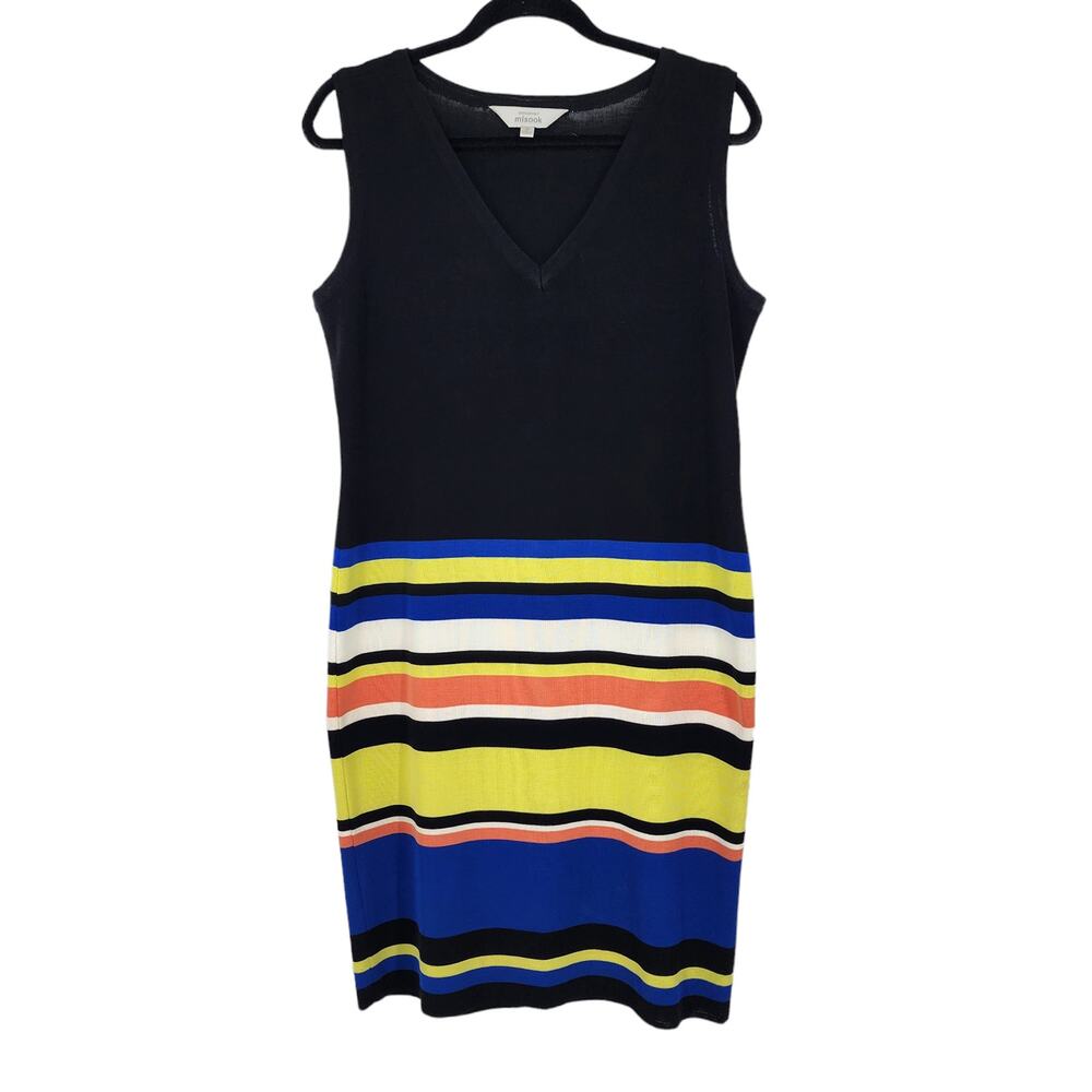 Misook Sleeveless V-Neck Black Top Bottom Striped Dress Size Medium